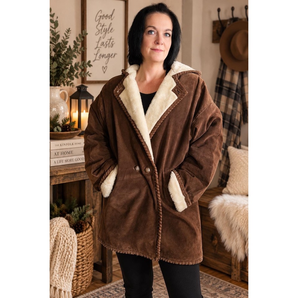 Vintage 90s Y2K B.B. Dakota Brown Suede Leather Faux Shearling Hooded Coat M